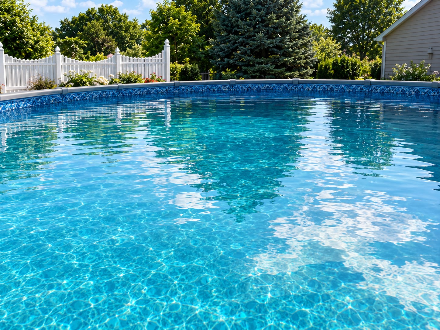 Clean above-ground pool with clear water, white fence, house and trees