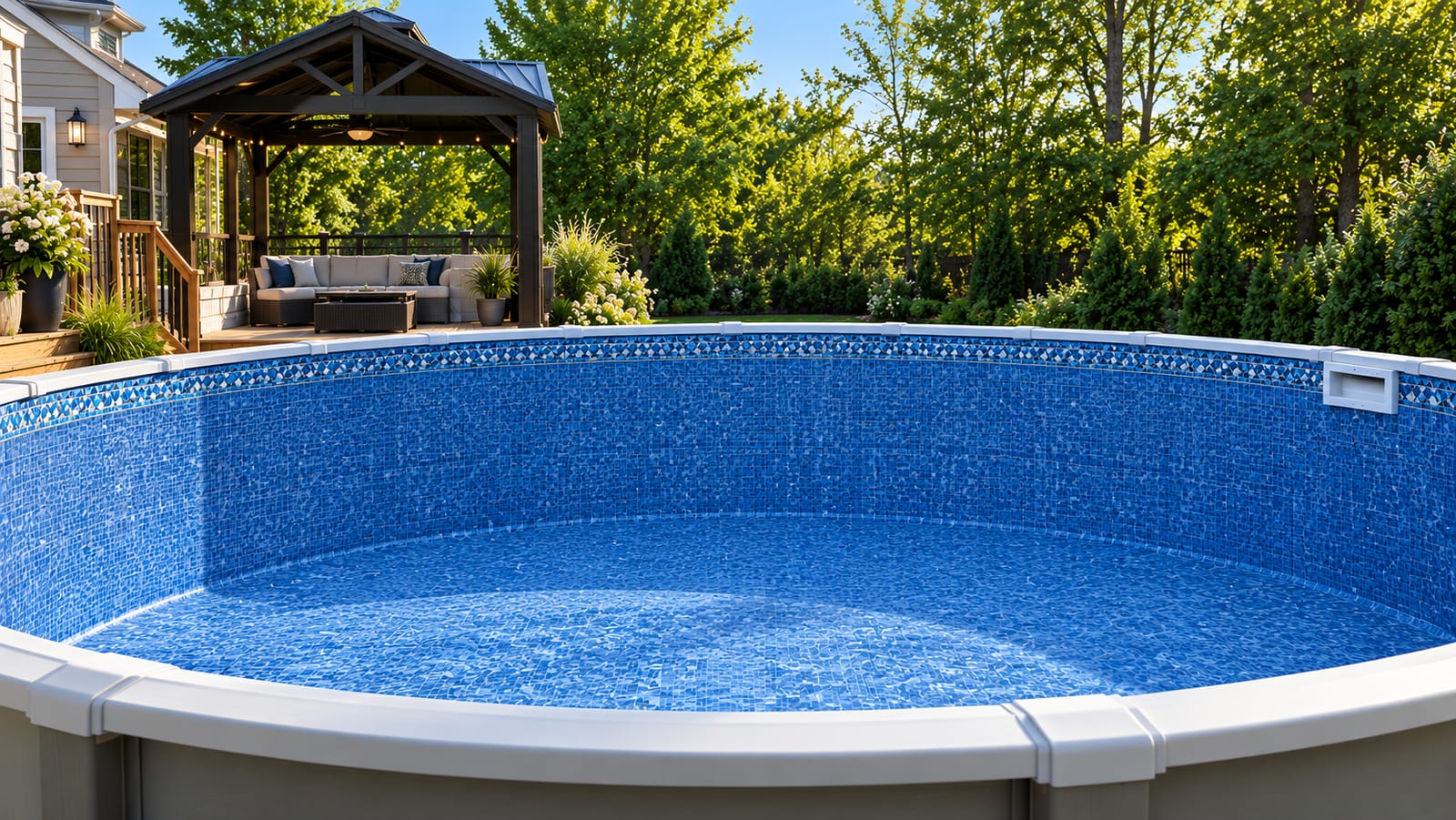 Empty pool with mosaic liner and deck prepared for seasonal service