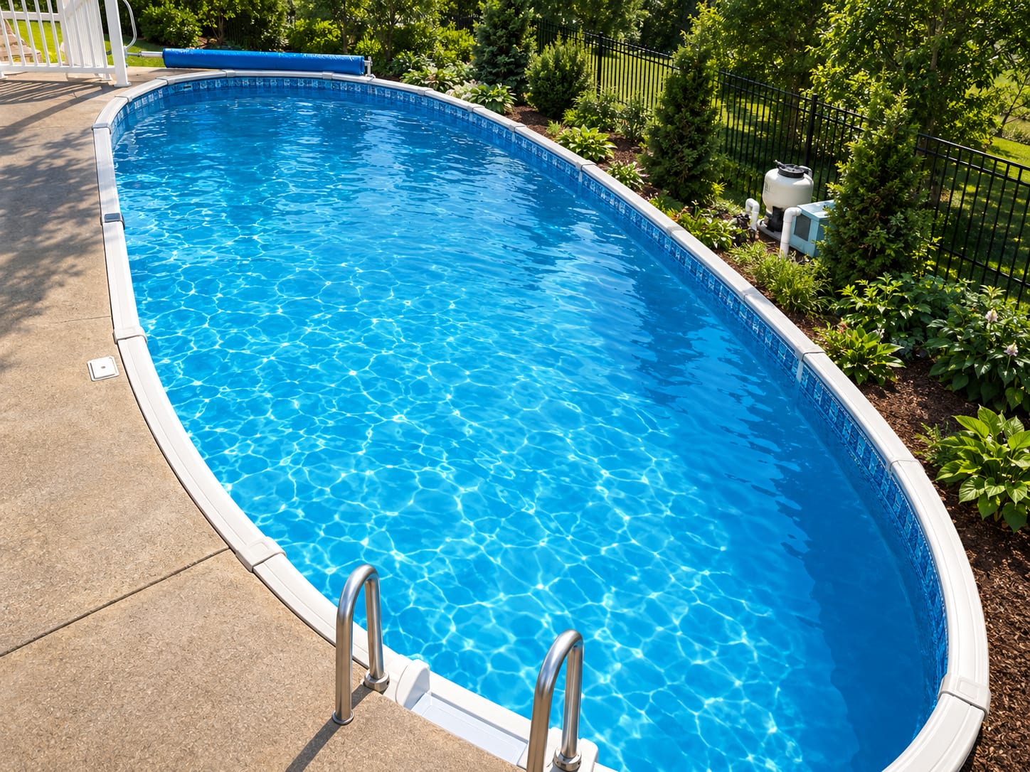 Oval above-ground pool with clear blue water, deck, ladder and filter equipment
