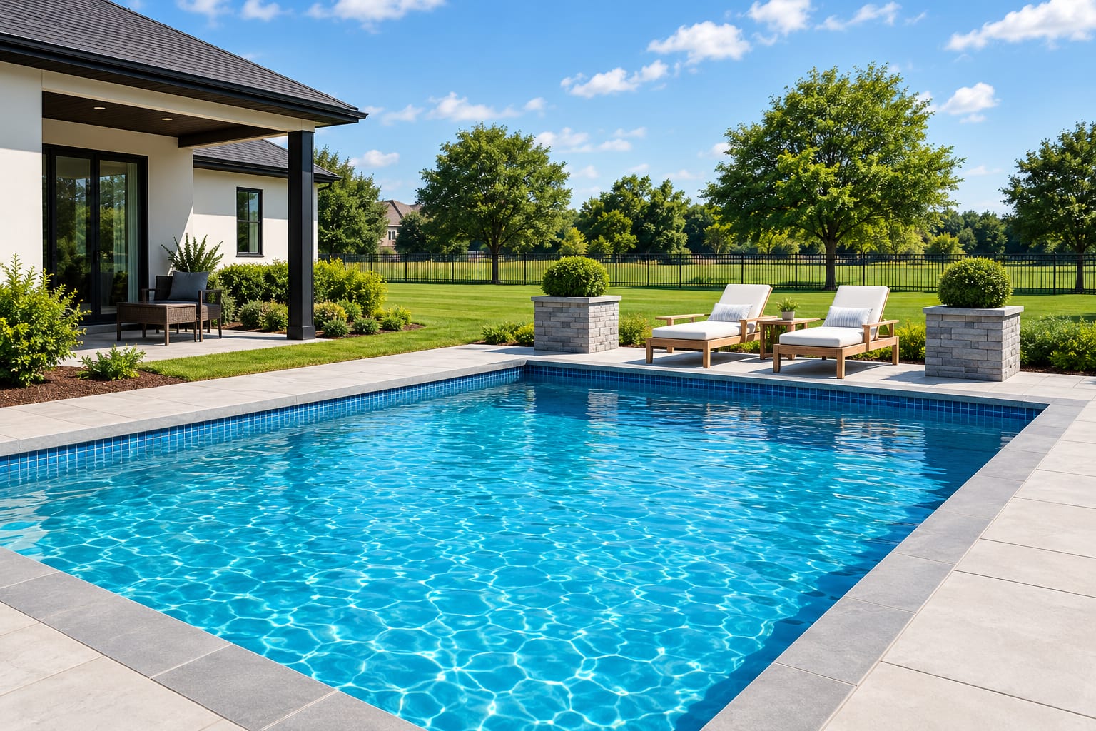 In-ground pool with clear water beside a modern house, patio and loungers