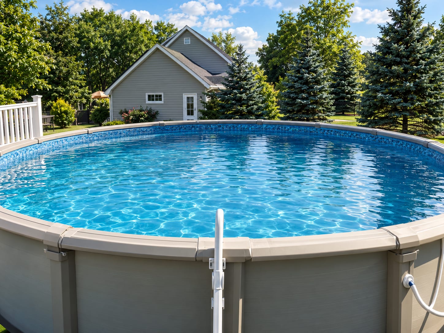 Round above-ground pool with clear water in front of a house and evergreen trees